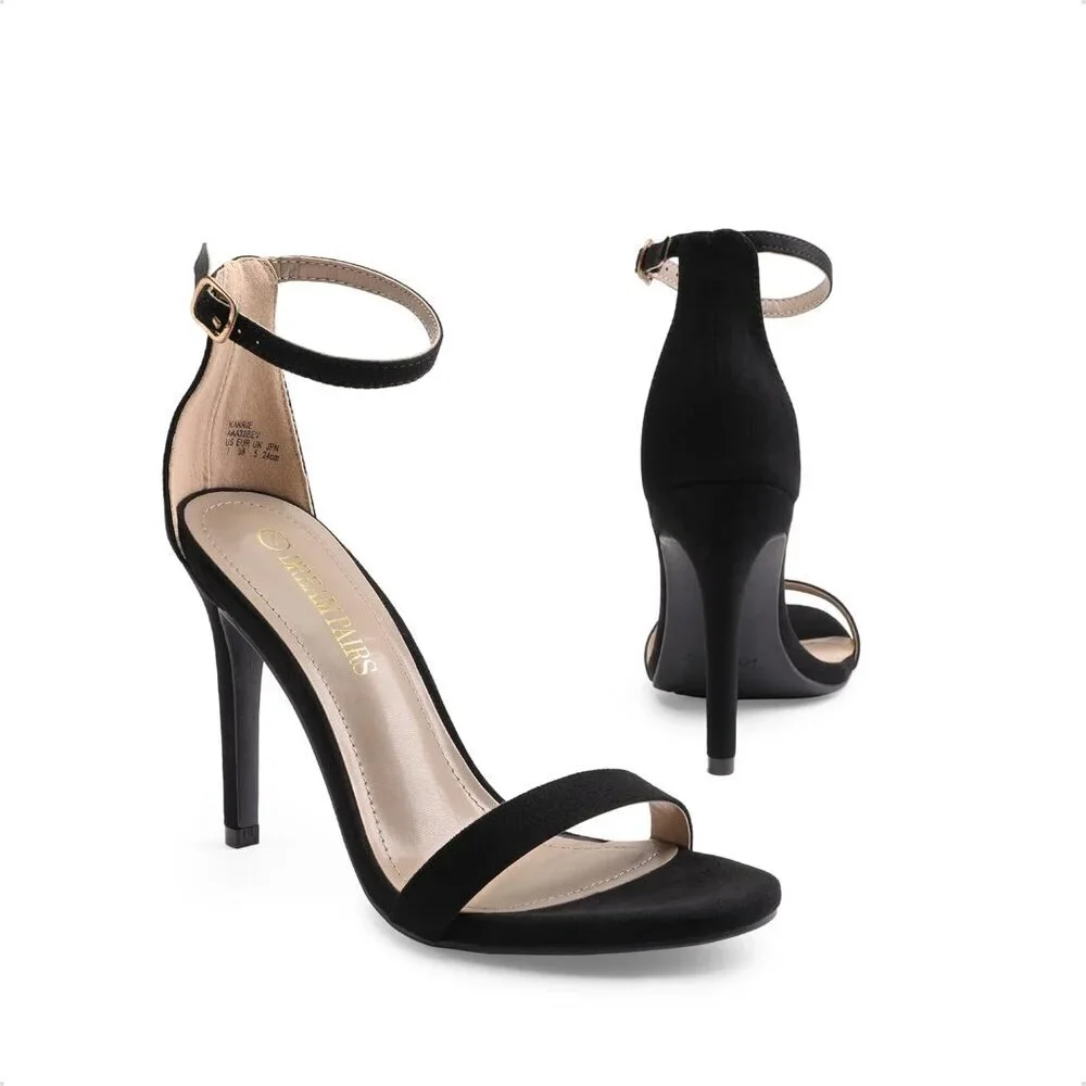 Women's Black-Nubuck Flower Ankle Strap Stiletto Round Open Toe Stylish Heel